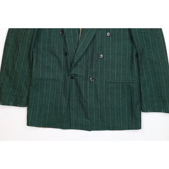 Vtg 70s 80s Mens 44L 2 Piece Wool Striped Double Breasted Suit Green 34x32 USA - Picture 5 of 16